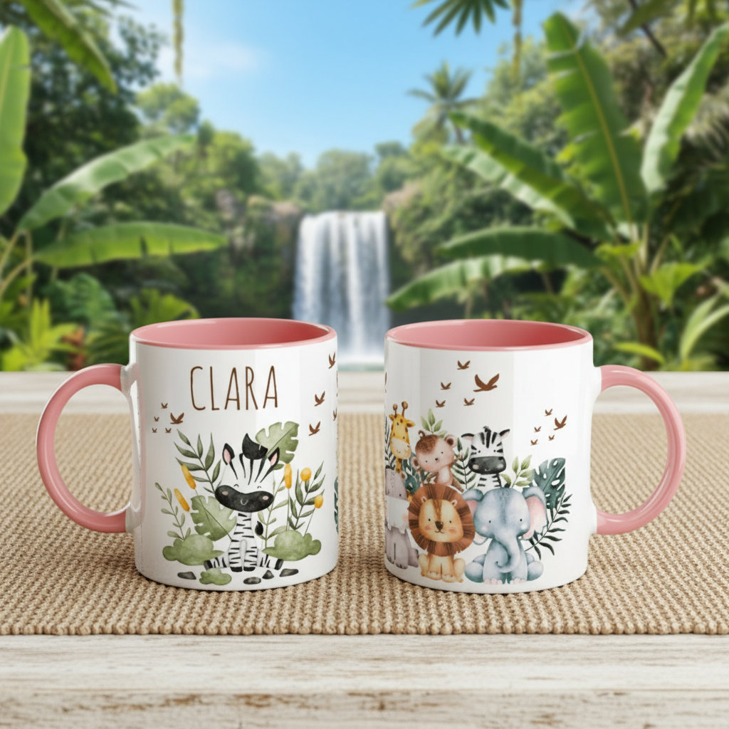 Mug enfant personnalisé animaux jungle avec anse rose