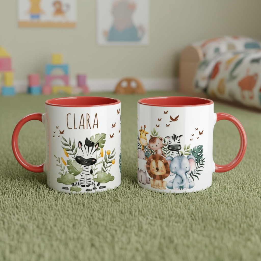 Mug enfant personnalisé jungle avec anse rouge sur fond chambre