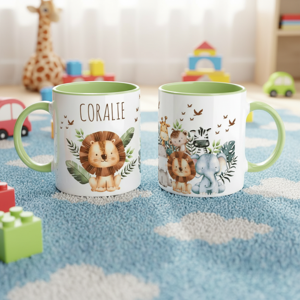 Mug enfant personnalisé animaux jungle avec anse verte dans une chambre, idée cadeau anniversaire.