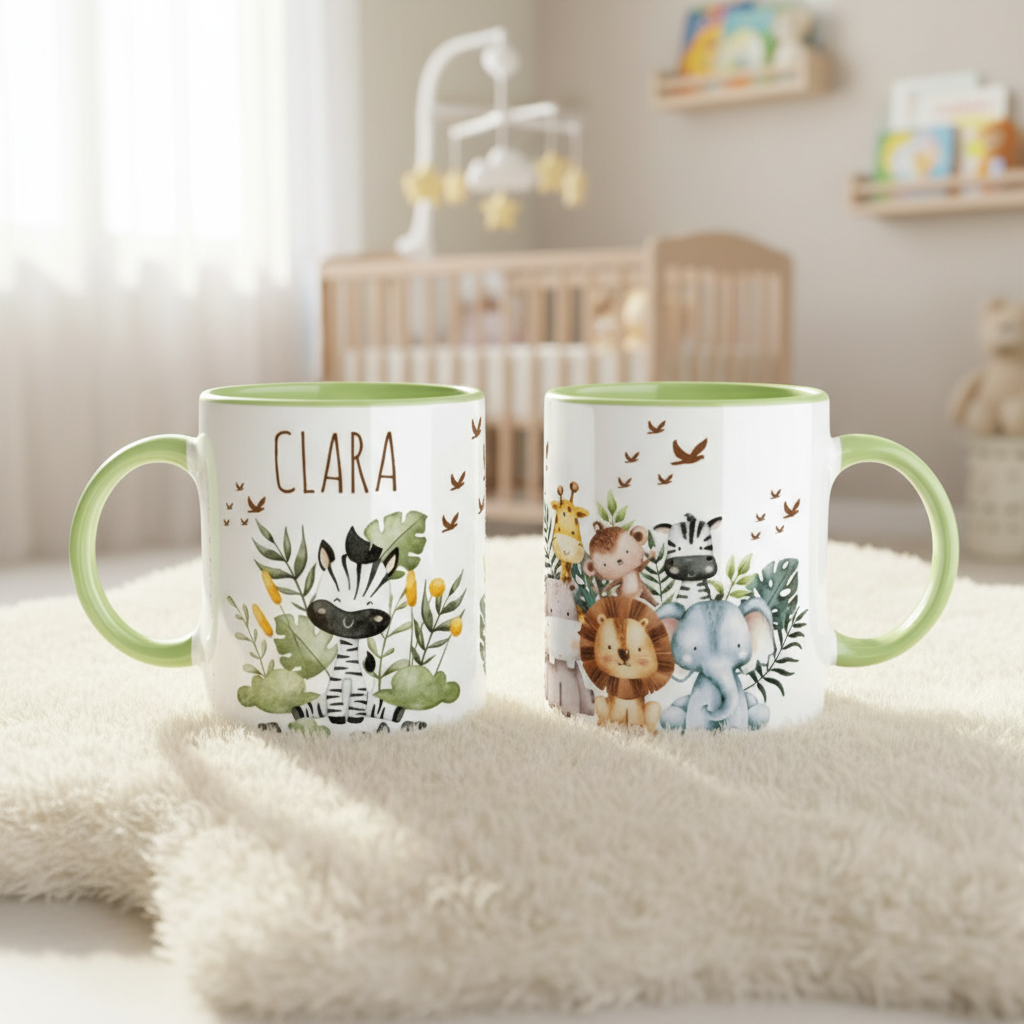 Mug enfant personnalisé jungle avec anse verte posé dans une chambre
