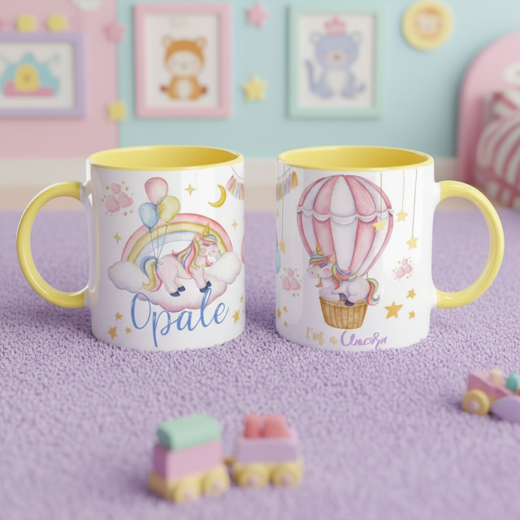 Mug enfant licorne posé dans une chambre enfant avec décoration douce et lumineuse