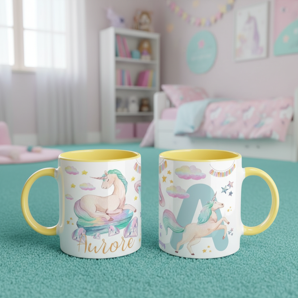Mug enfant licorne avec anse jaune et illustration féerique