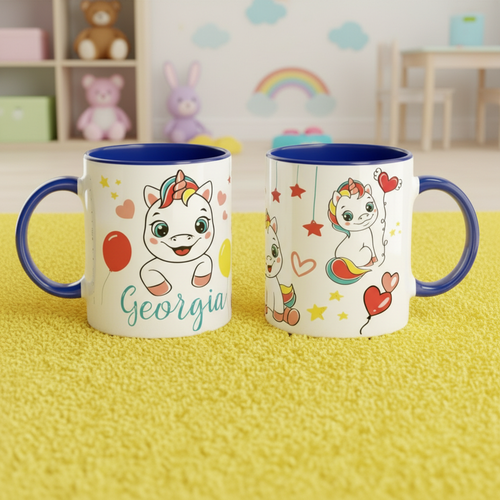 Mug enfant personnalisé motif licorne avec intérieur bleu, présenté dans une chambre enfant