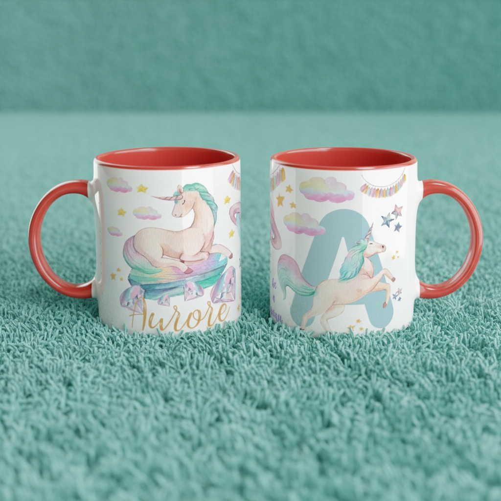 Mug enfant licorne avec intérieur rouge posé dans une chambre