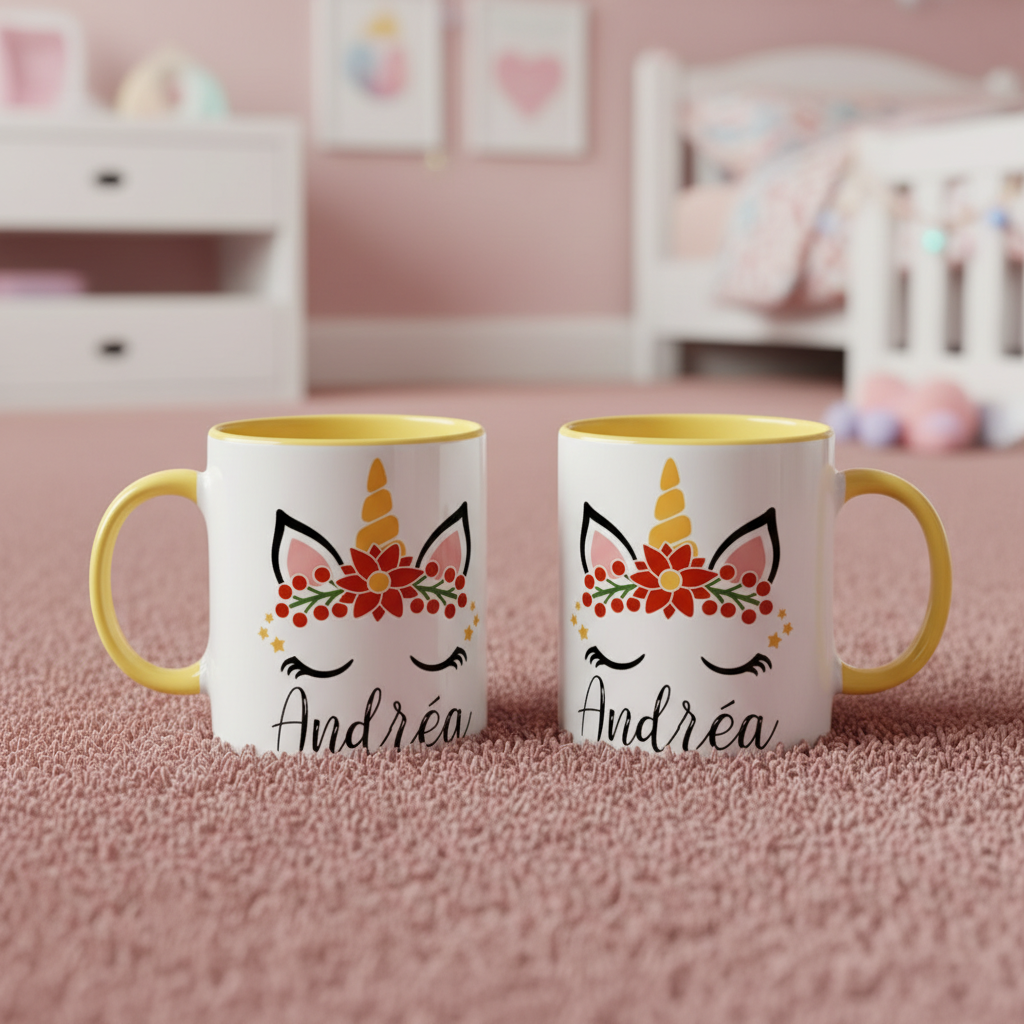 mug licorne de noël personnalisé avec intérieur et anse jaunes
