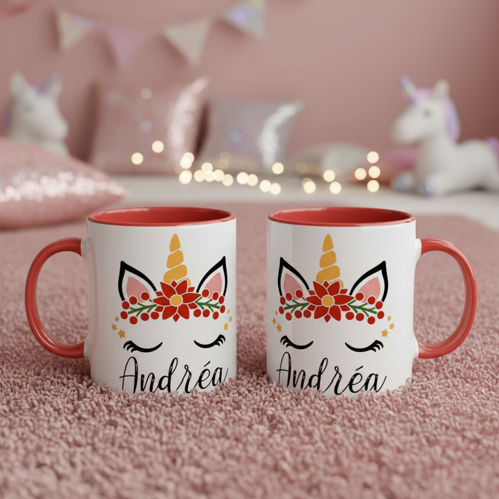 mug licorne de noël personnalisé avec poignée rouge festive