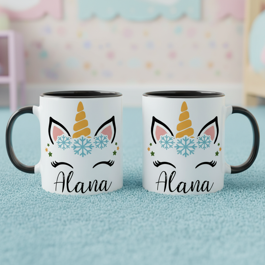 Mug enfant personnalisable avec illustration licorne et flocons