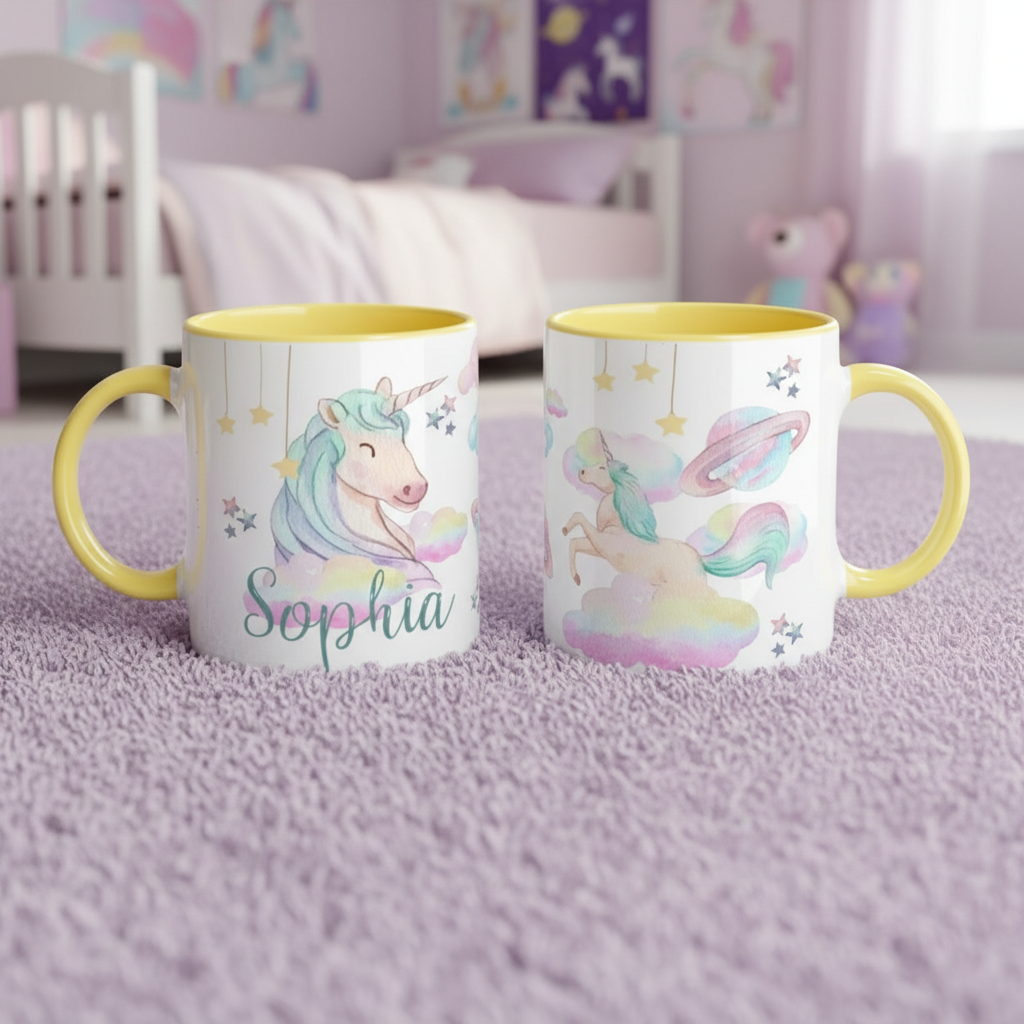 Mug enfant personnalisé licorne avec poignée jaune posé dans une chambre enfant