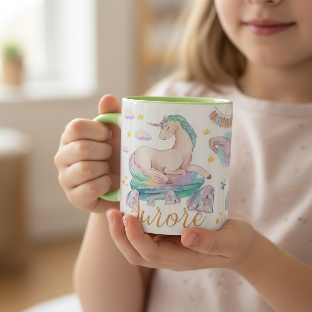 Enfant tenant un mug licorne personnalisé dans ses mains