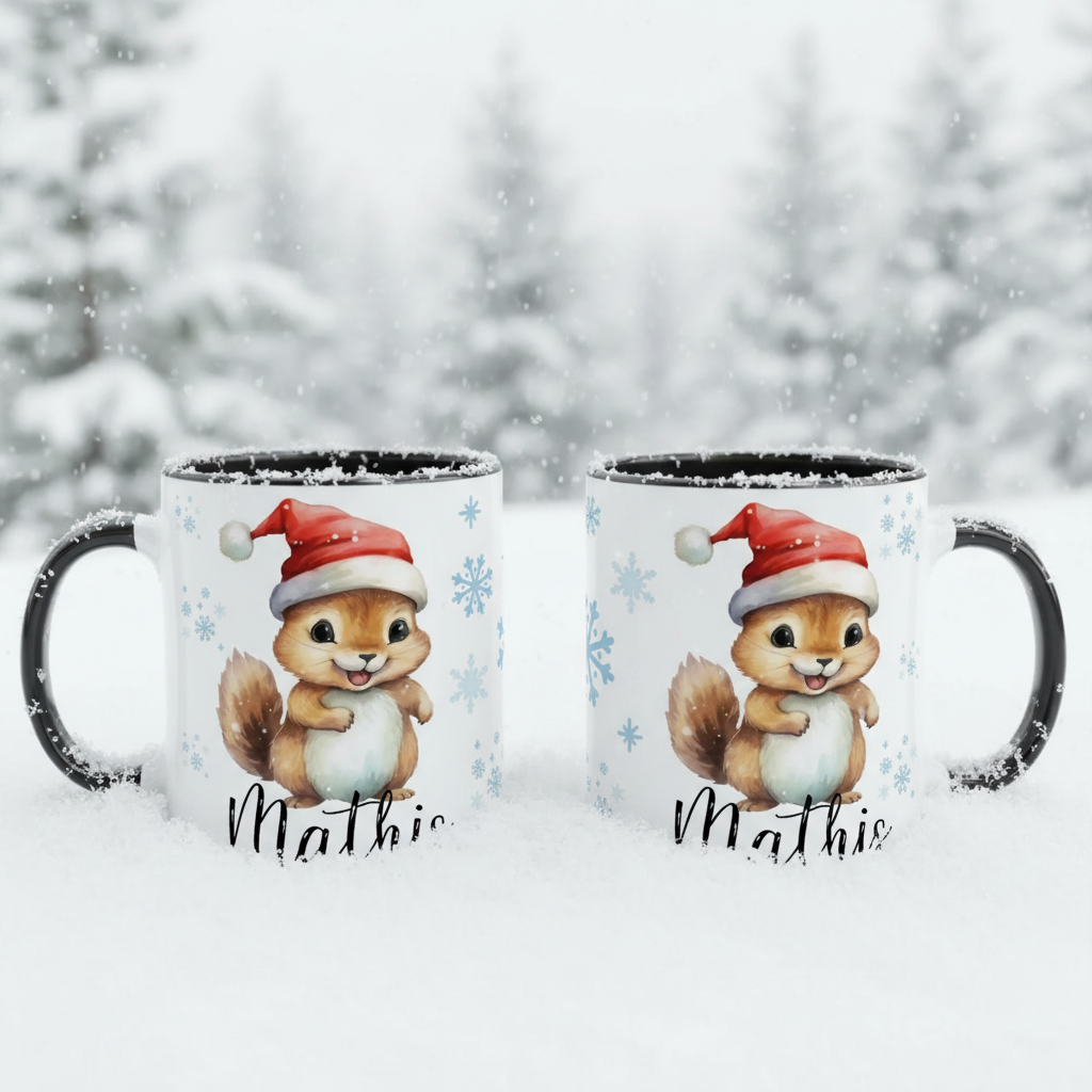 Mug enfant Noël avec animal d’hiver posé dans la neige, idée cadeau enfant festive