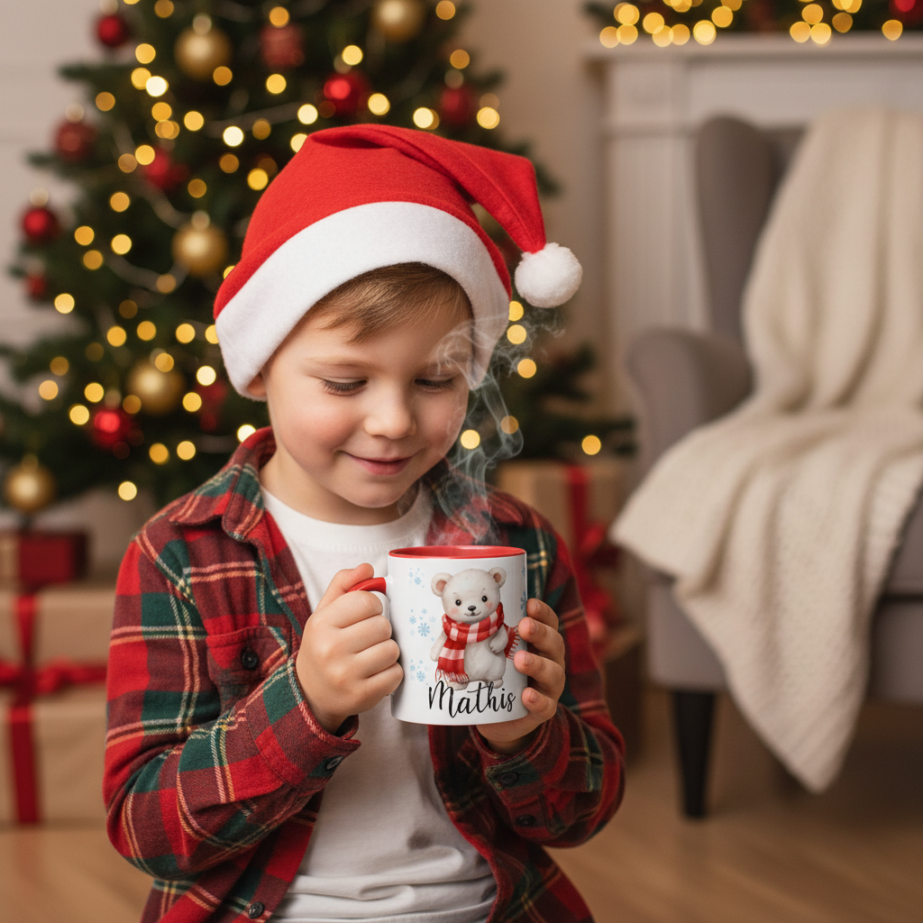 mug enfant personnalisé Noël avec ours polaire tenu par un enfant