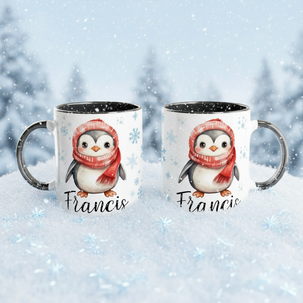 mug enfant personnalisé Noël avec pingouin illustré