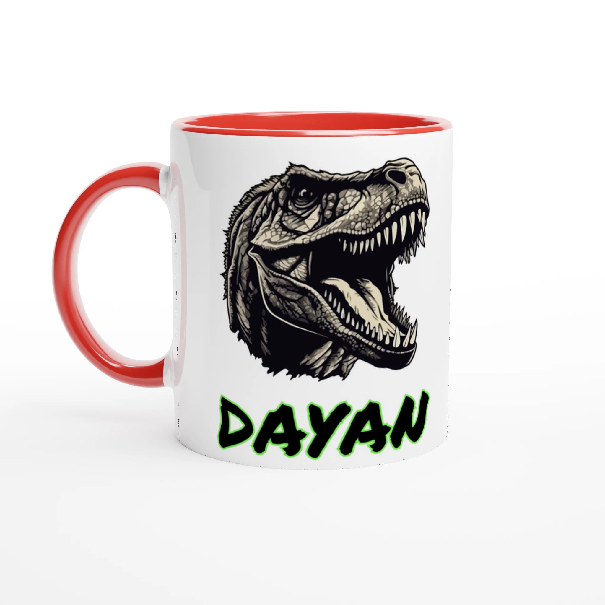 Mug personnalisé avec motif T-Rex noir et prénom, intérieur rouge, parfait pour les fans de dinosaures.