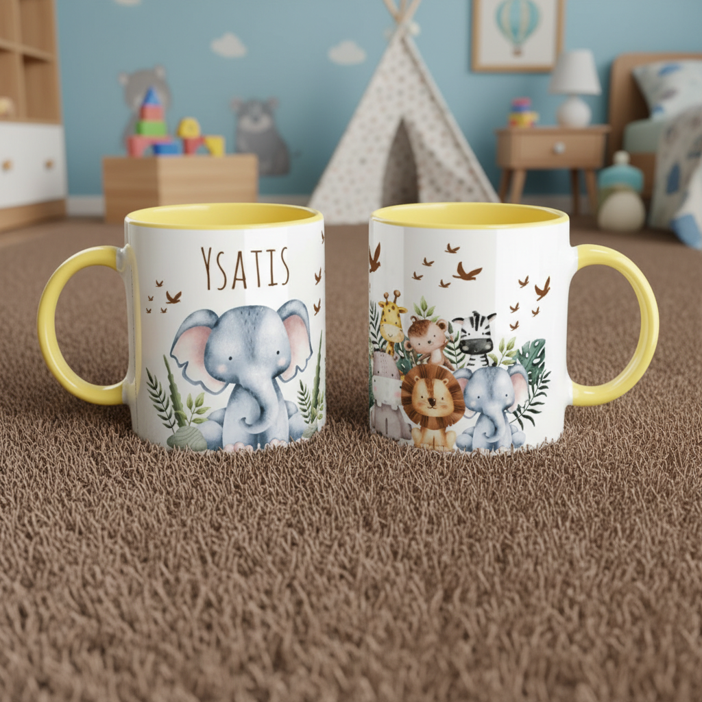 Mug enfant personnalisé animaux jaune, idée cadeau enfant originale