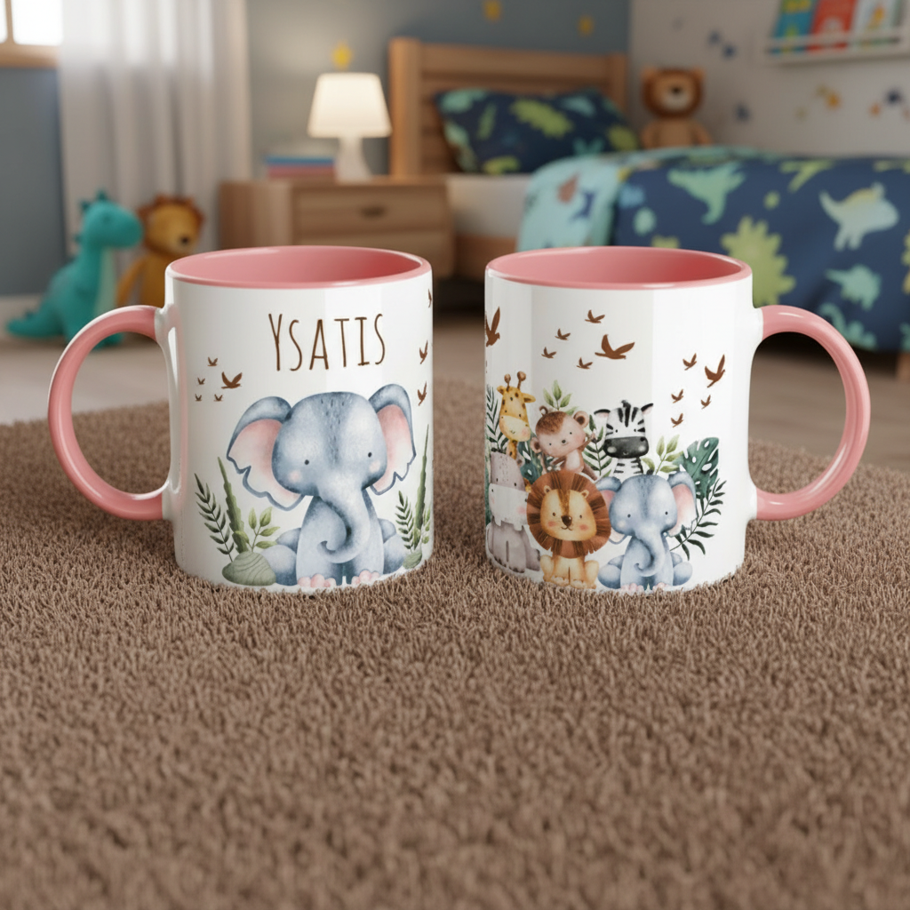 Mug enfant personnalisé animaux avec anse rose, cadeau enfant original