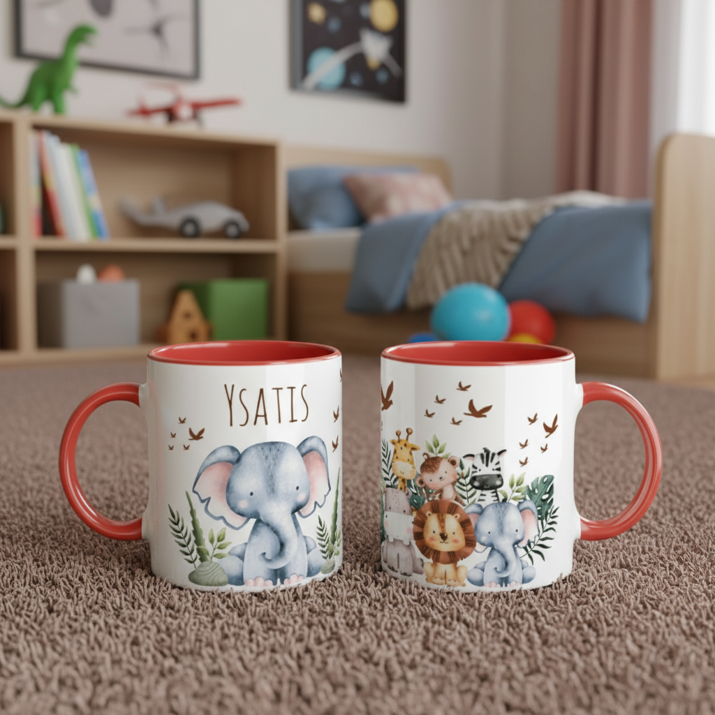 Mug enfant personnalisé animaux rouge, cadeau enfant personnalisé