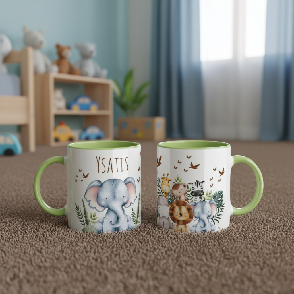 Mug enfant personnalisé animaux vert, idée cadeau enfant à thème savane