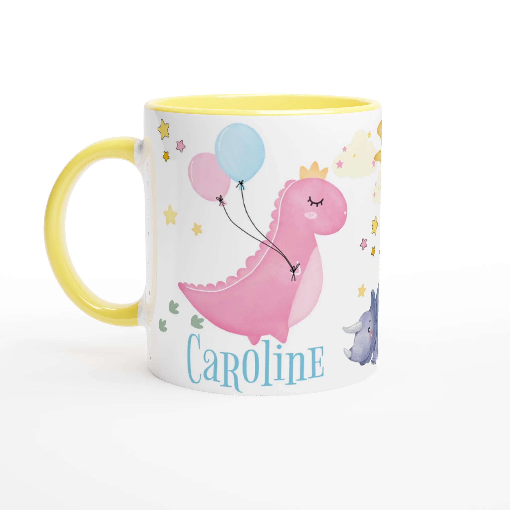 Mug dinosaure avec ballons et prénom personnalisé, intérieur jaune, parfait comme cadeau mignon pour enfant.