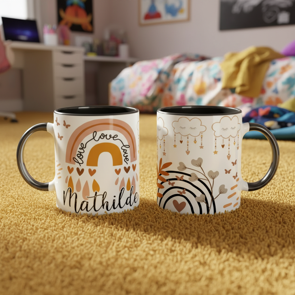 Mug enfant personnalisé avec design arc-en-ciel doux et moderne