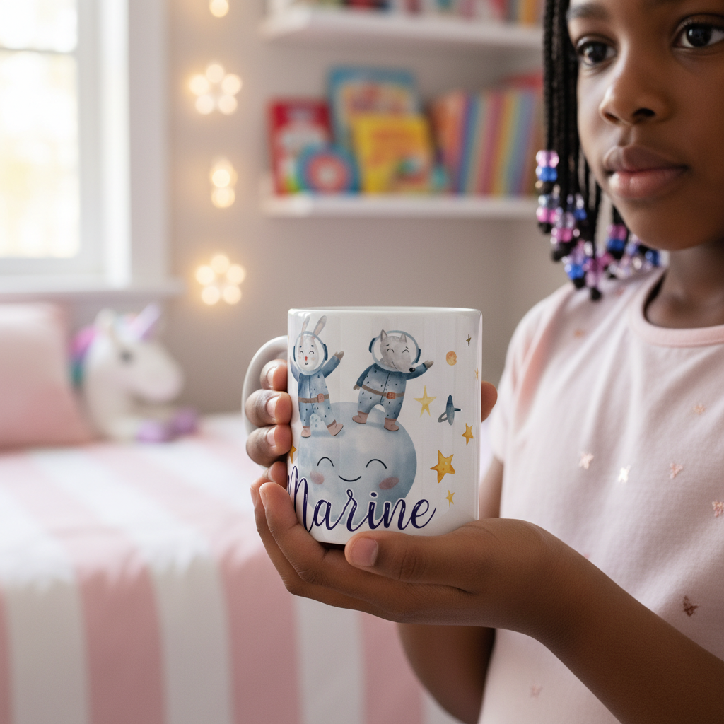 Mug enfant personnalisé thème espace avec astronaute utilisé dans une chambre d’enfant