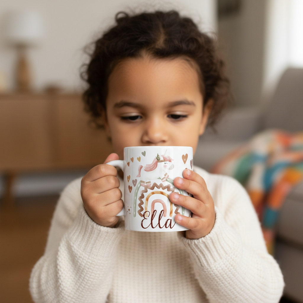 Mug personnalisé pour enfant avec licorne et arc-en-ciel posé sur une table