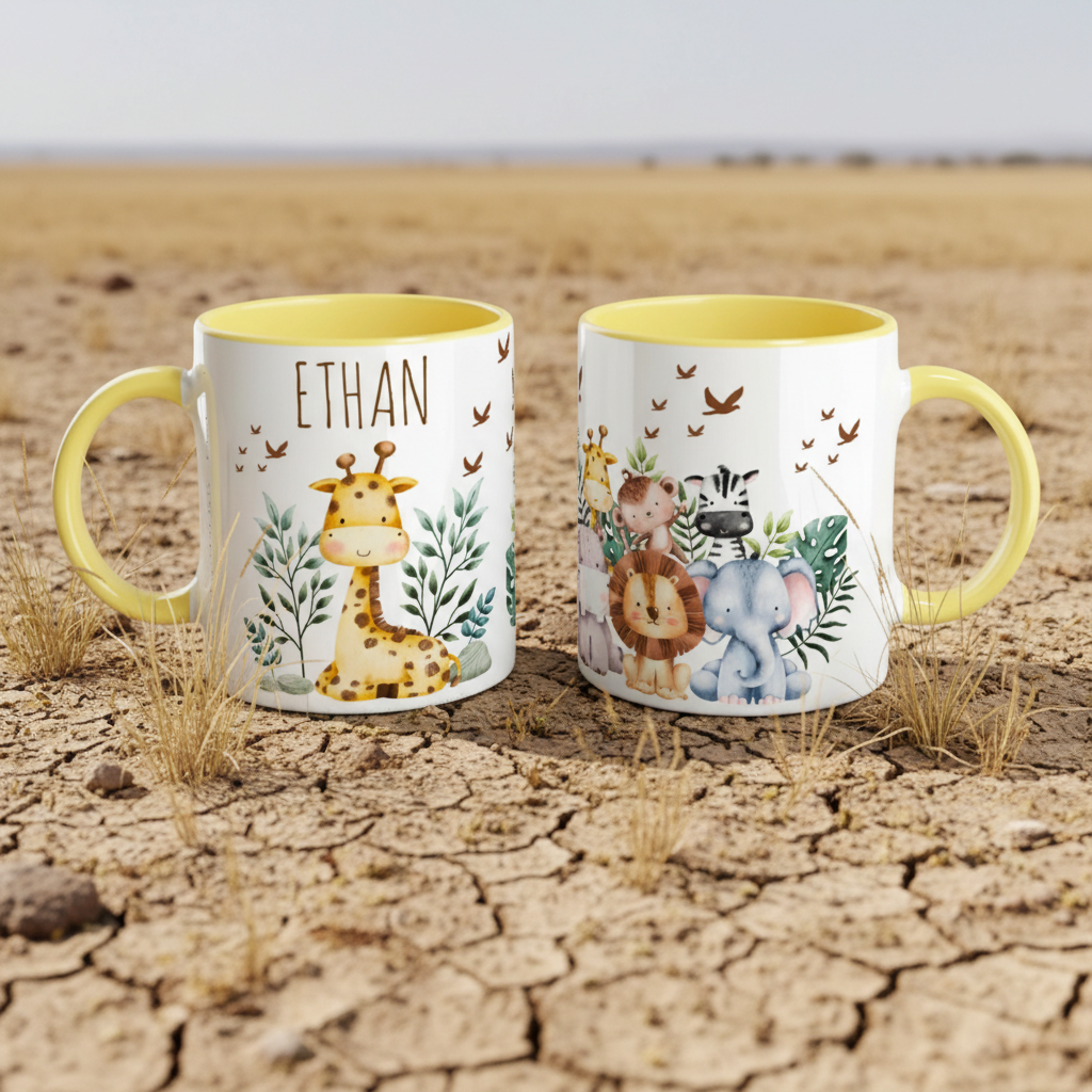 Mug enfant personnalisé savane avec anse jaune, idée cadeau enfant originale