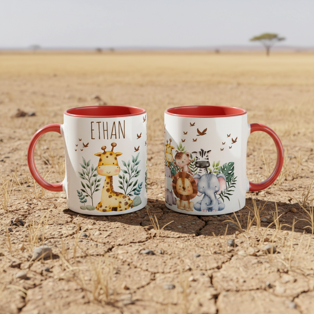 Mug enfant personnalisé savane avec anse rouge, cadeau enfant personnalisé
