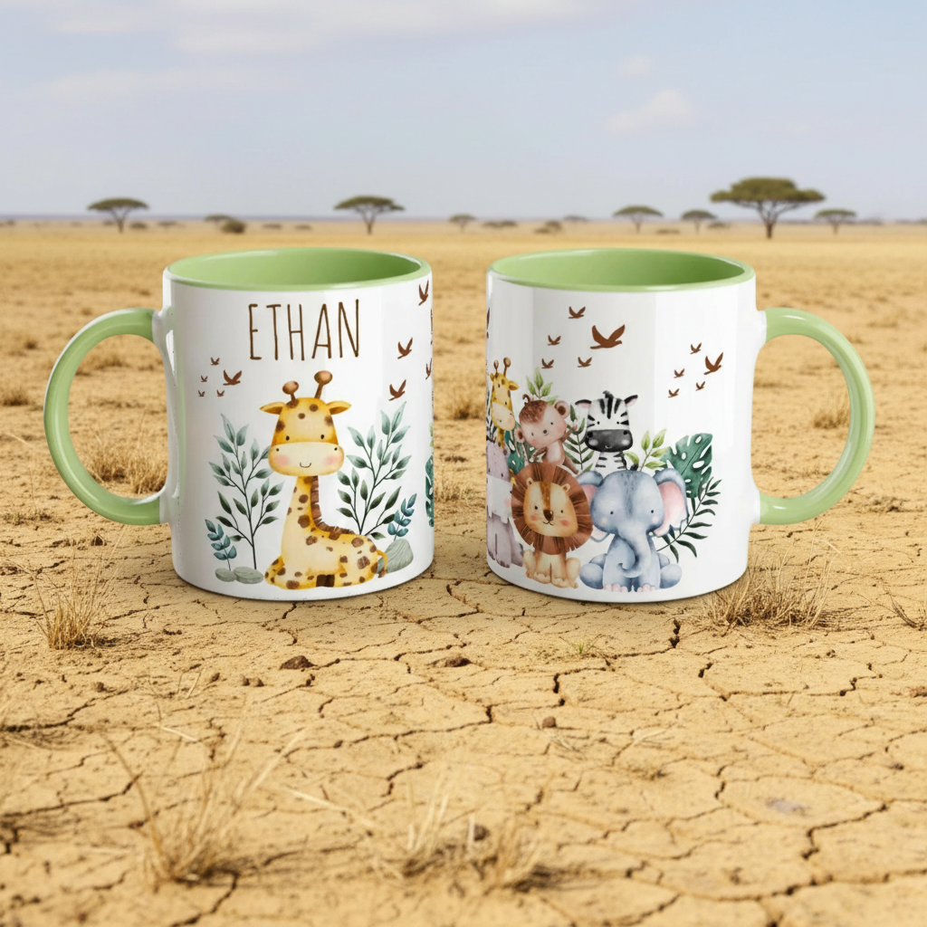 Mug enfant personnalisé savane avec anse verte, tasse enfant animaux