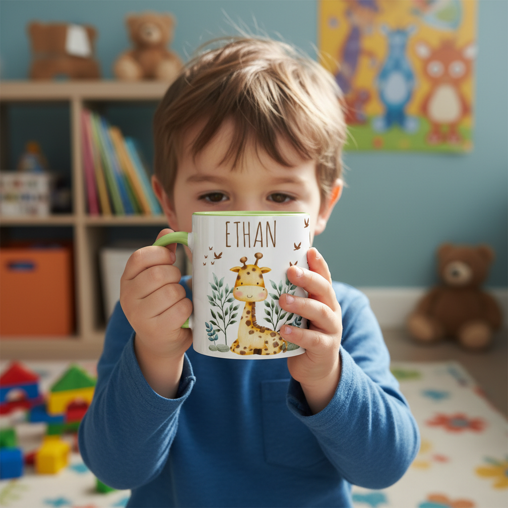 Mug enfant personnalisé savane utilisé par un enfant, cadeau enfant pratique