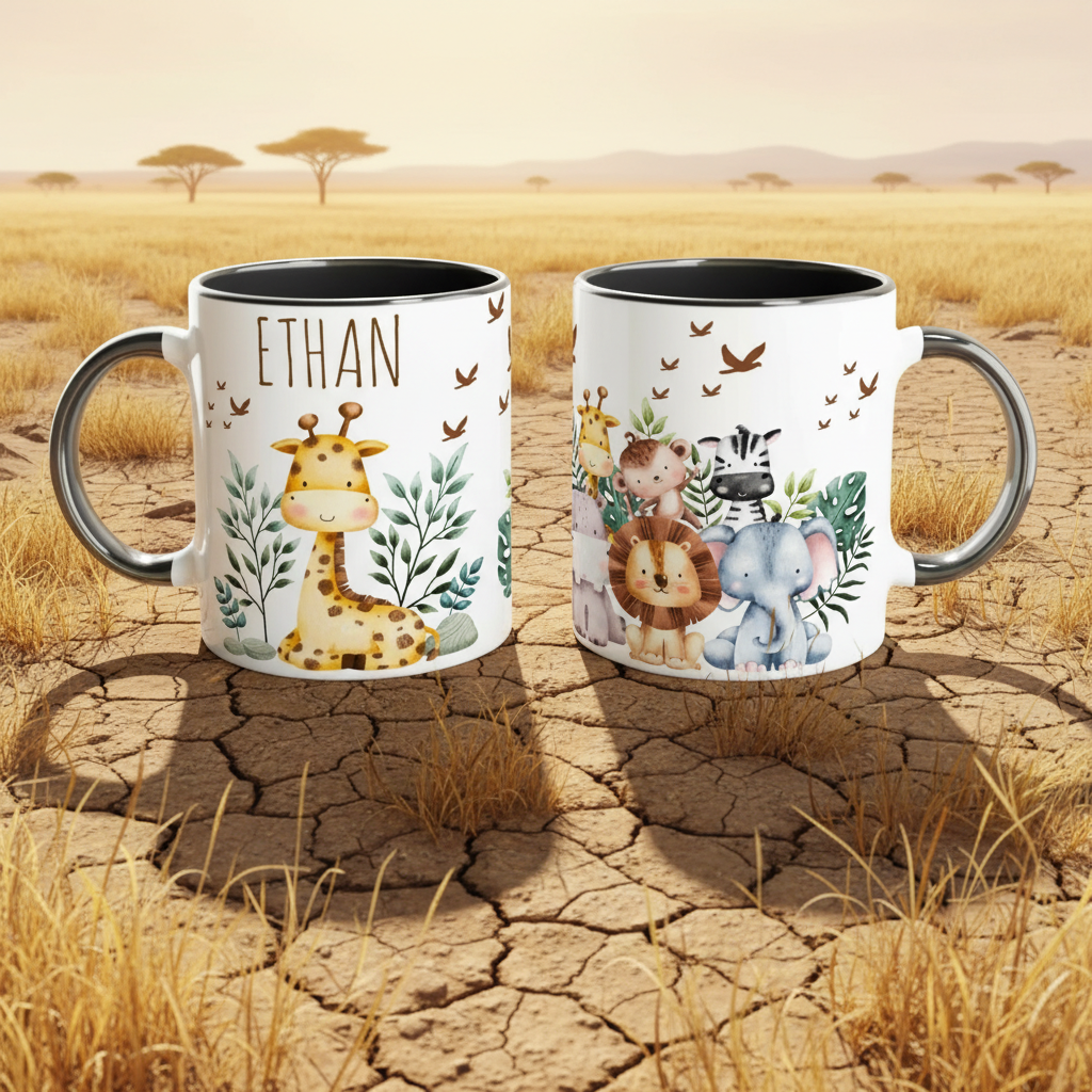 Mug enfant personnalisé savane avec illustration girafe, idée cadeau enfant animaux