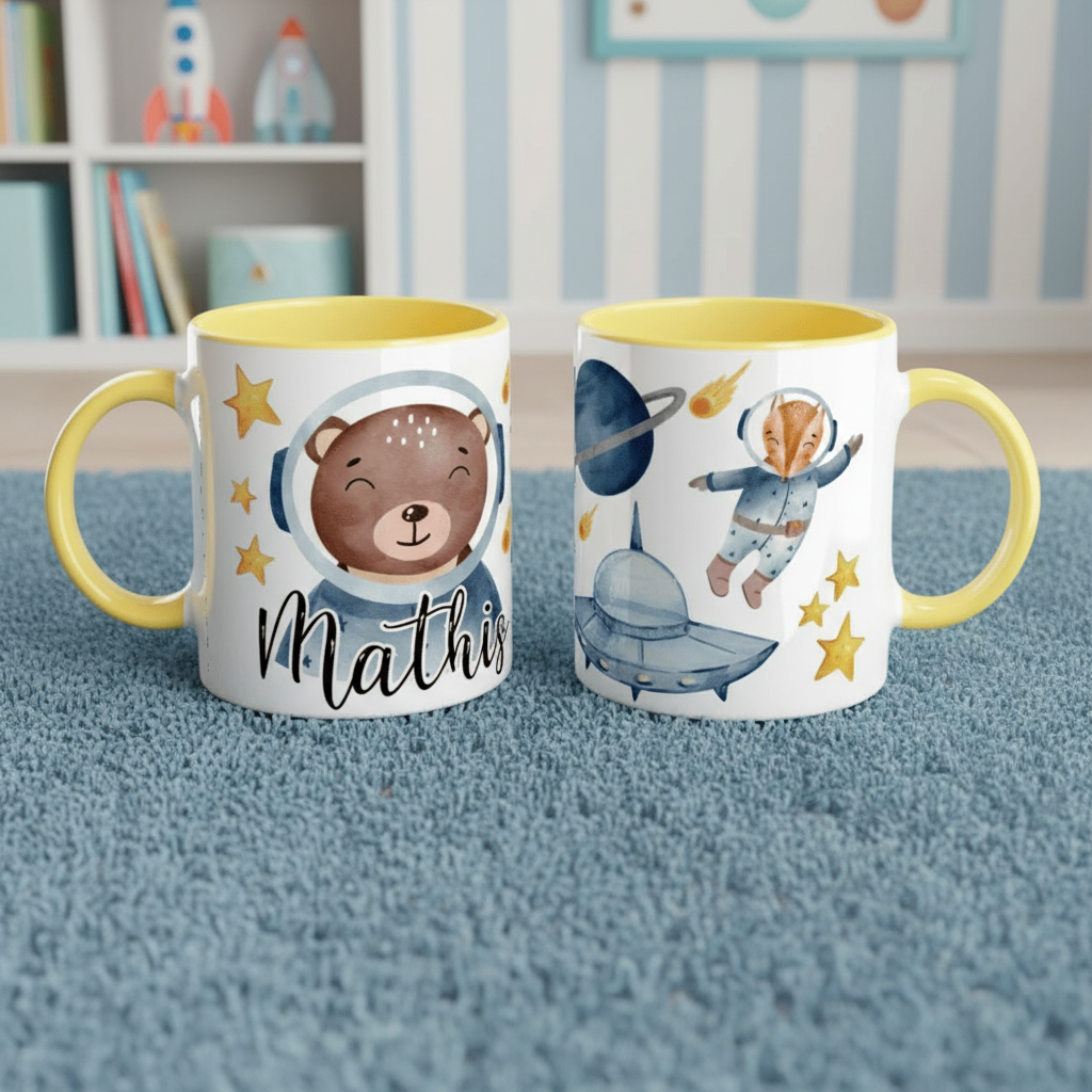 Mug enfant thème espace avec anse colorée dans une chambre décorée espace