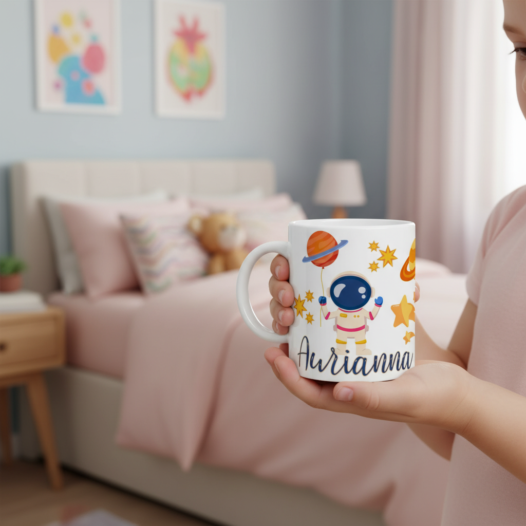 Mug enfant personnalisé thème espace tenu par un enfant dans une chambre décorée astronaute