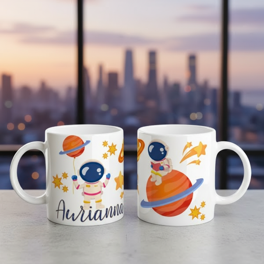 Mug personnalisé enfant avec astronaute, planètes et étoiles présenté sur surface intérieure
