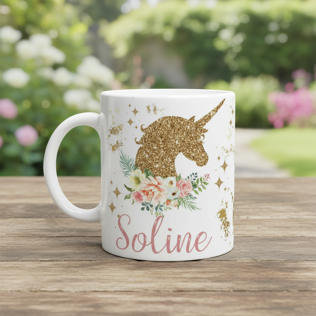 Tasse prénom licorne dorée avec fleurs, tasse personnalisée enfant au design féerique