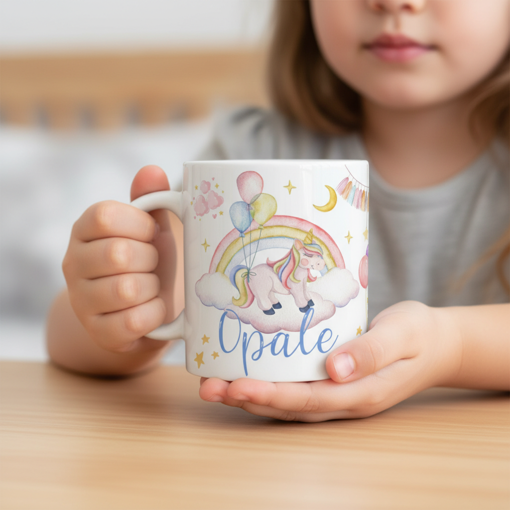 Enfant tenant un mug licorne personnalisé lors d’un moment de boisson