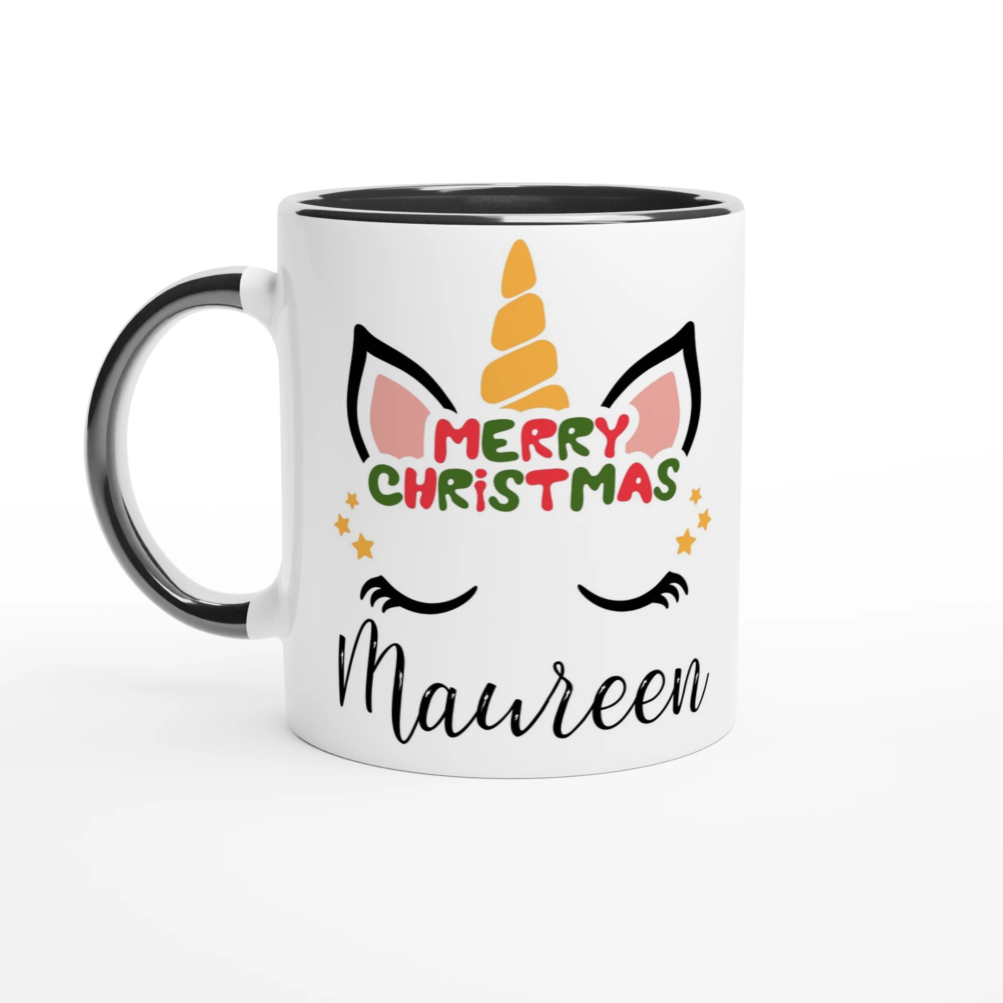 Mug licorne de Noël avec inscription Merry Christmas, anse noire et intérieur noir, décor festif sur fond blanc.