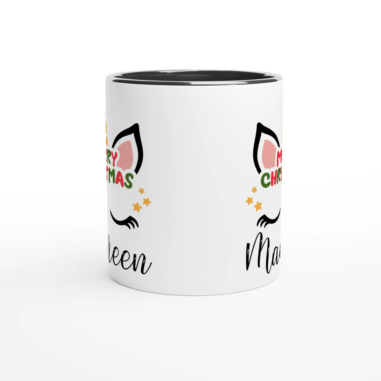 Mug licorne de Noël avec inscription Merry Christmas, anse noire et intérieur noir, décor festif sur fond blanc.