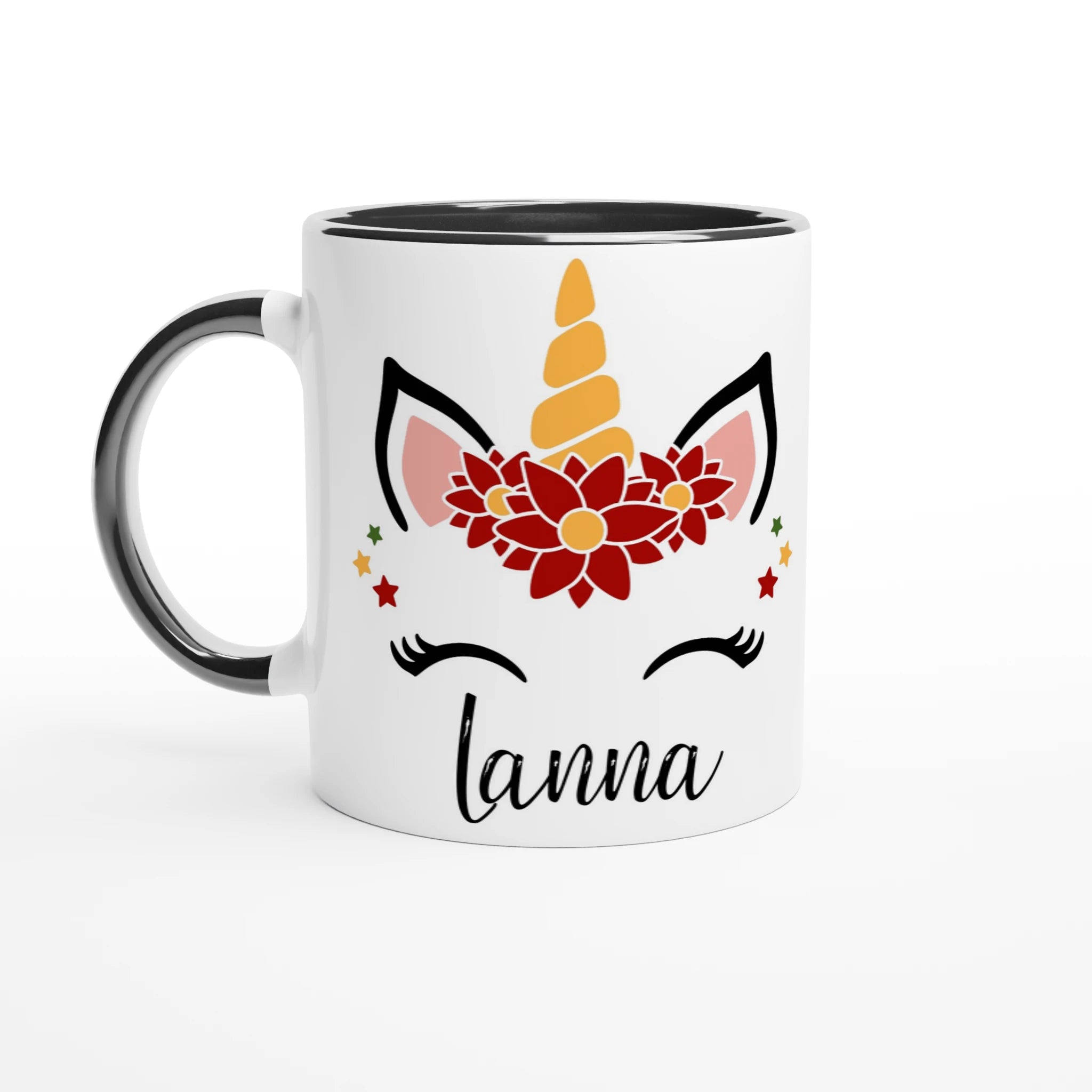 Mug blanc décor licorne de Noël avec couronne de fleurs rouges, étoiles festives et corne dorée, anse noire et intérieur noir