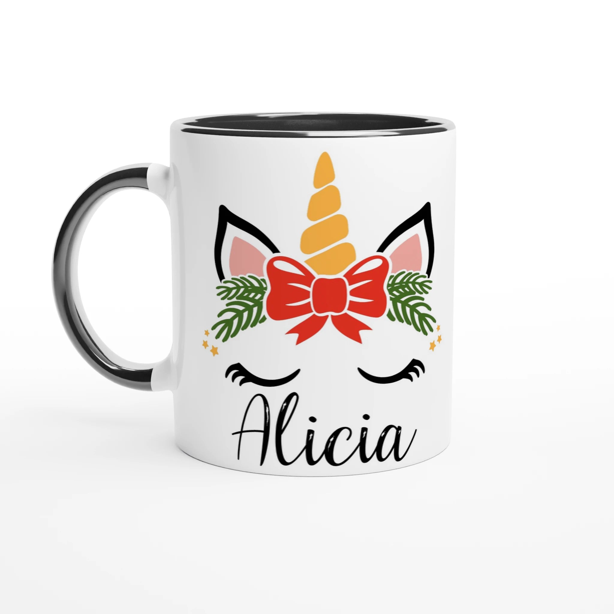 Mug blanc avec motif licorne de Noël et nœud rouge, anse noire et intérieur noir.