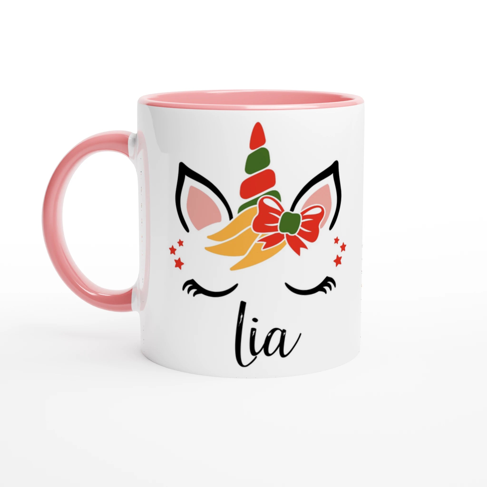 Mug licorne de Noël avec noeud rouge, anse rose et intérieur rose, illustration licorne élégante sur fond blanc.