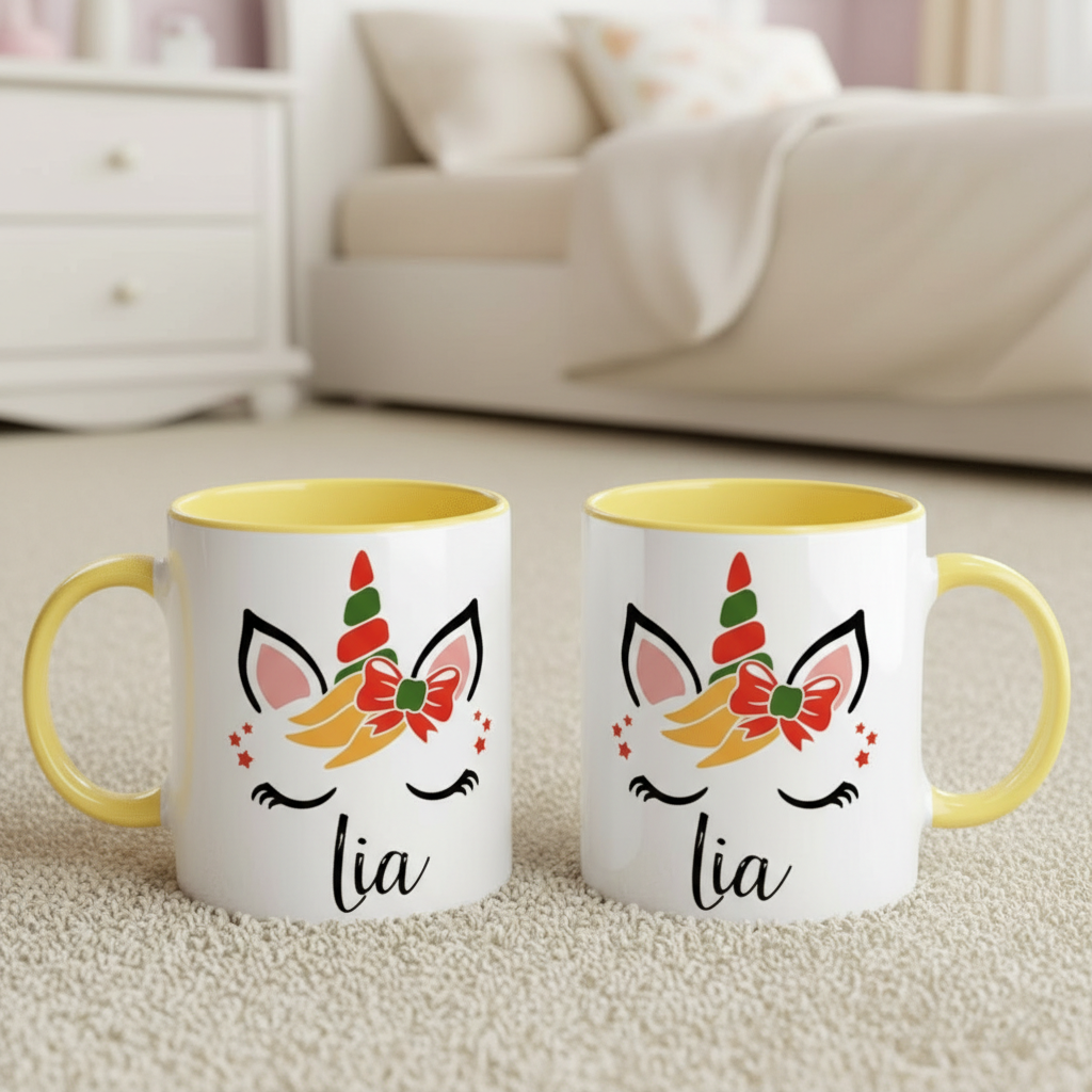 mug licorne personnalisé enfant avec anse jaune