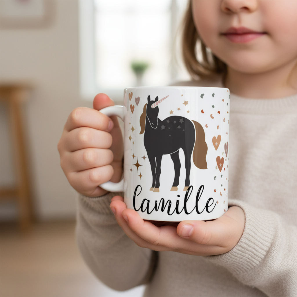 Mug licorne personnalisé utilisé par un enfant lors d’un moment de boisson