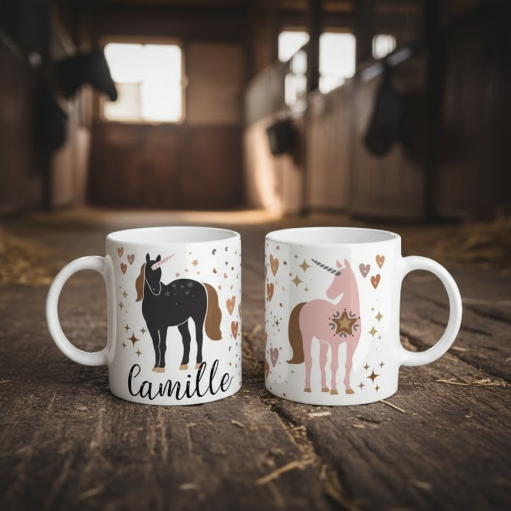 Mug licorne personnalisé posé sur une table dans une chambre d’enfant décorée