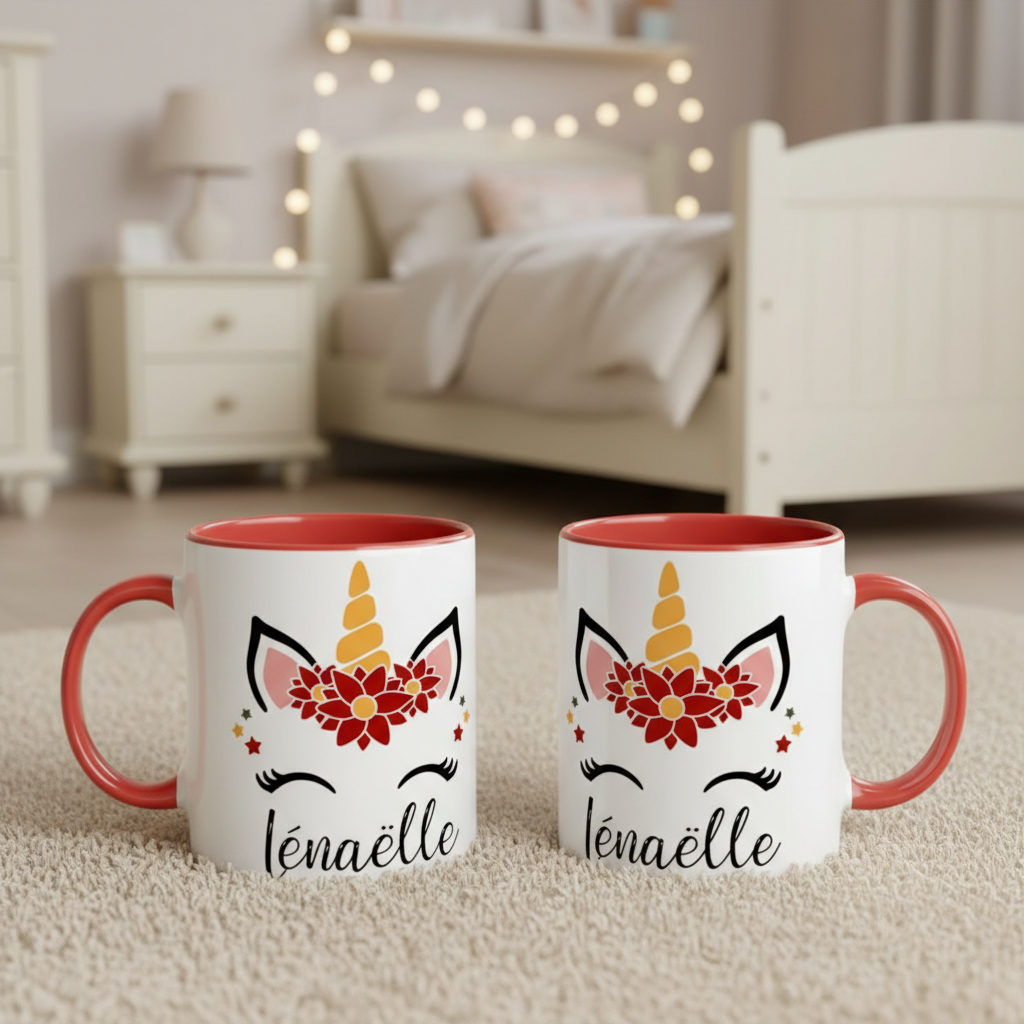 Mug licorne personnalisé pour enfant avec intérieur rouge