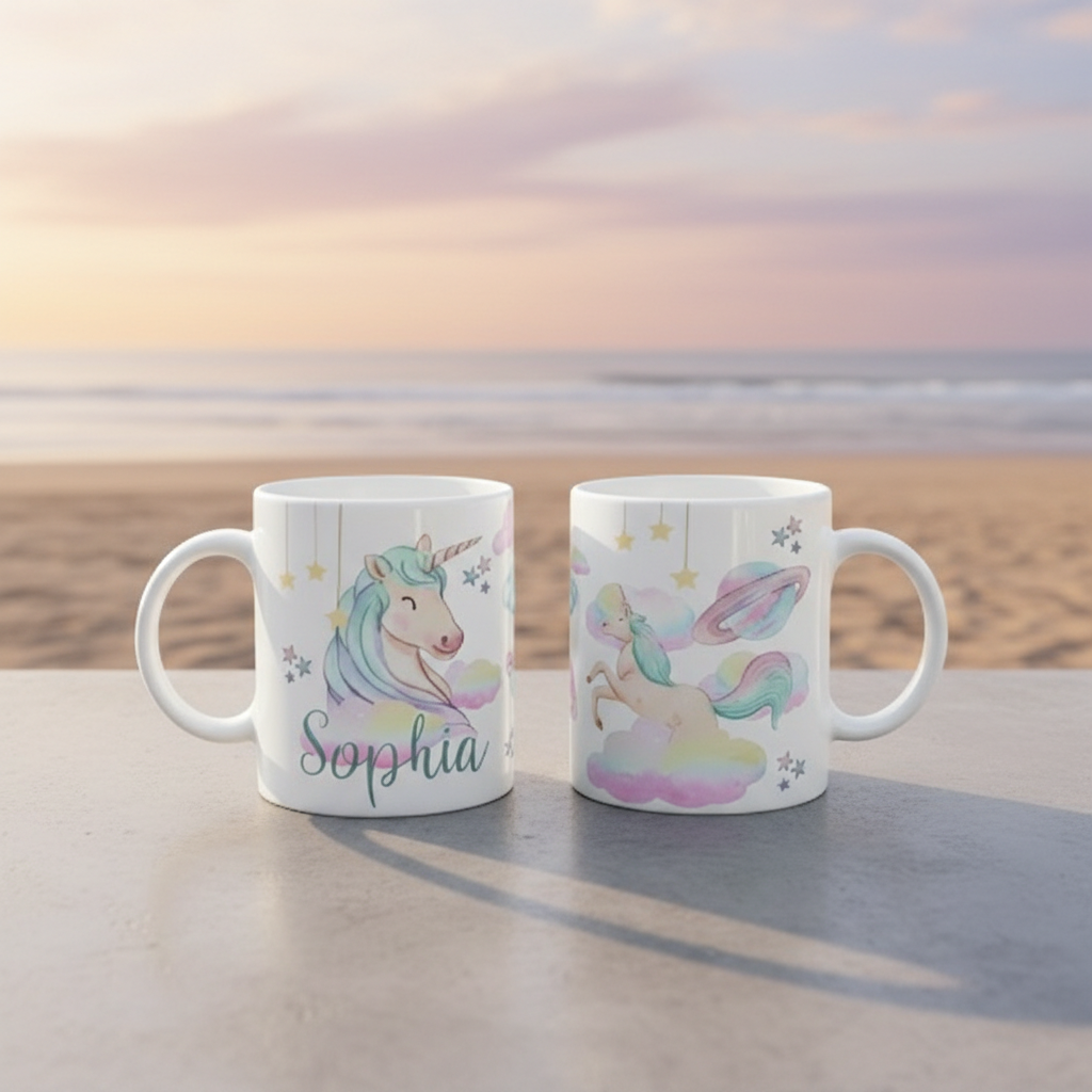 Mug licorne personnalisé avec grande initiale et décoration pastel