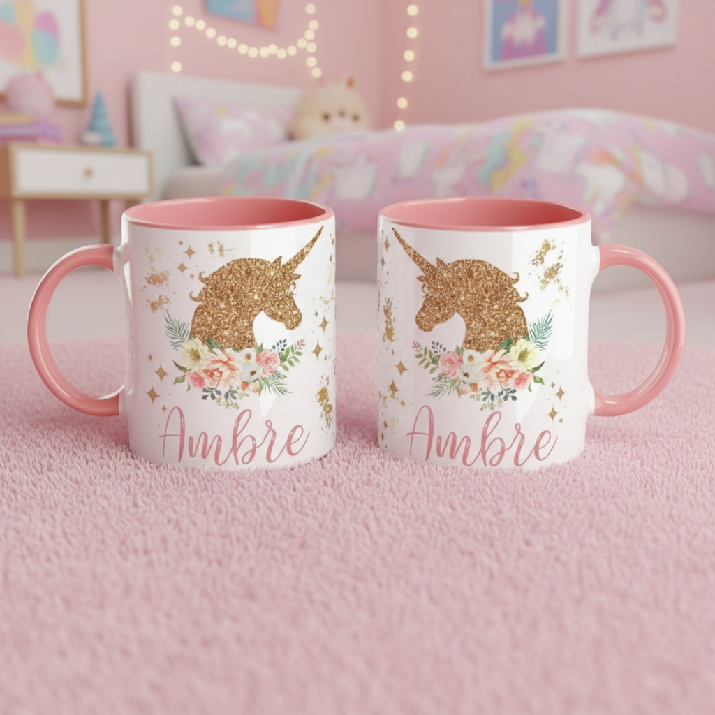 mugs enfant licorne personnalisables avec poignée rose posés sur tapis dans chambre enfant
