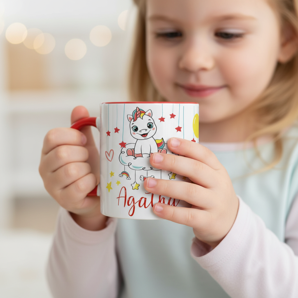 mug enfant licorne avec poignée rouge et illustrations étoiles