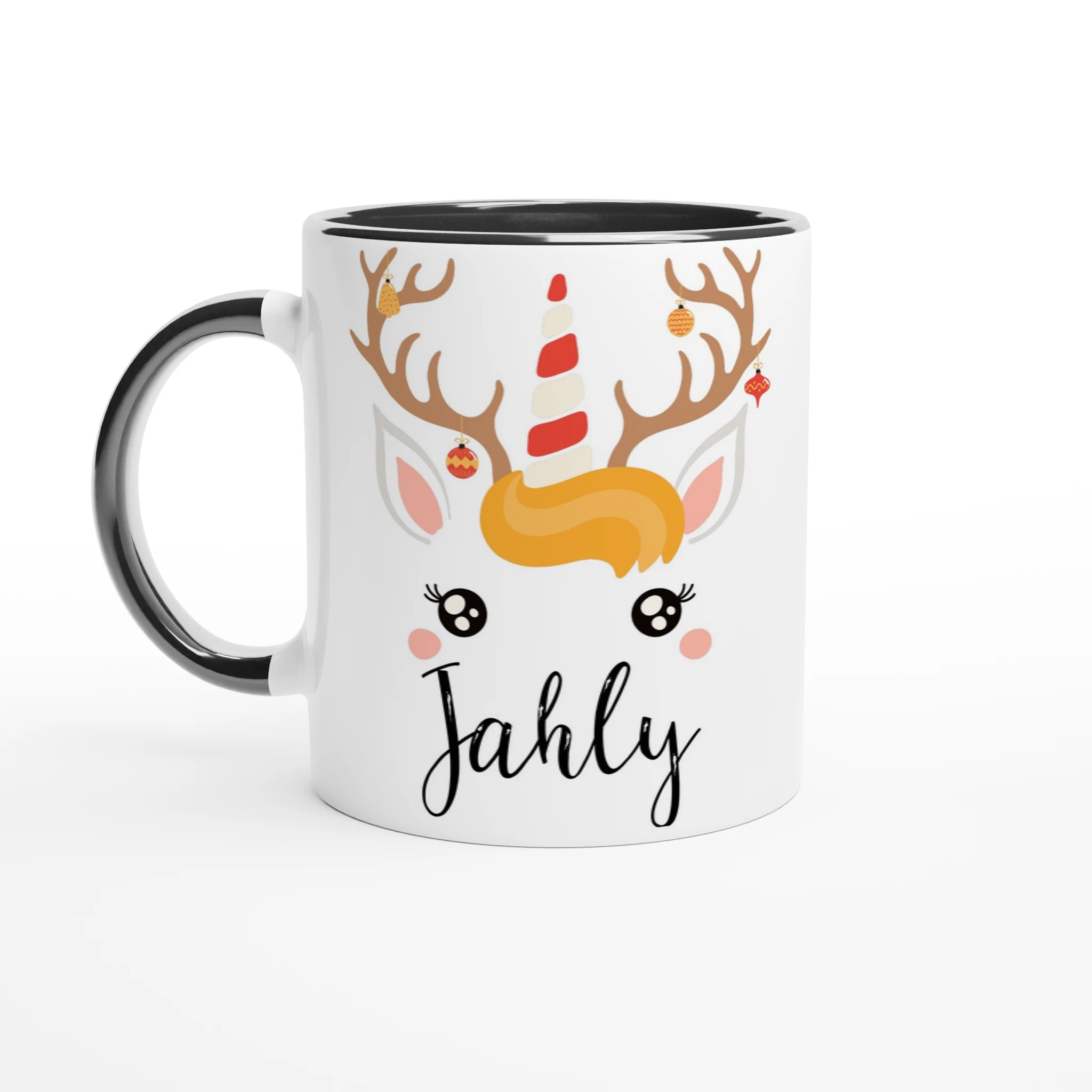 Mug de Noël avec licorne style renne, bois décorés de boules, corne rayée rouge et blanche, anse noire et intérieur noir