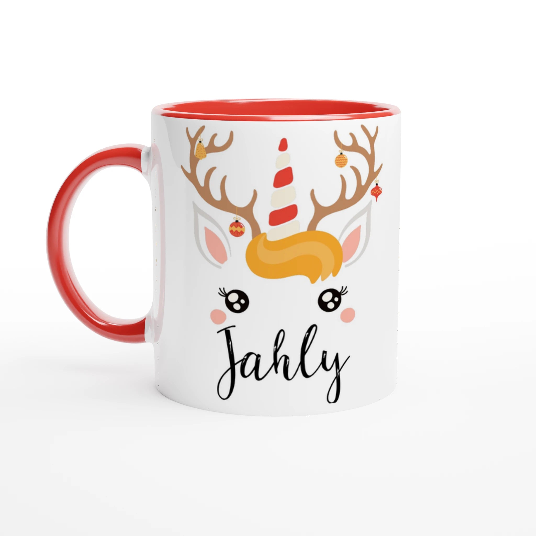 Mug de Noël licorne renne avec ornements festifs sur les bois, corne rouge et blanche, anse rouge et intérieur rouge.