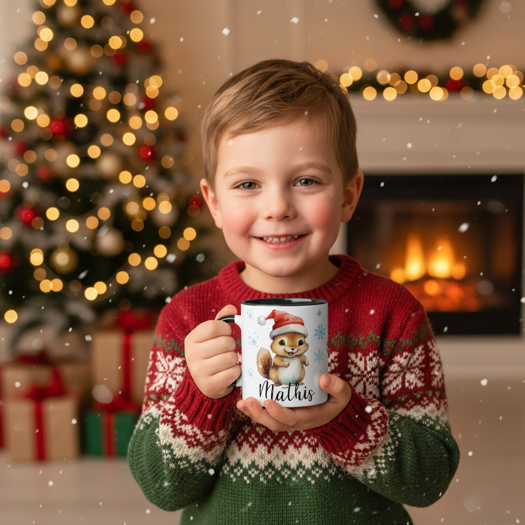 Mug enfant de Noël tenu par un enfant dans une ambiance festive hivernale